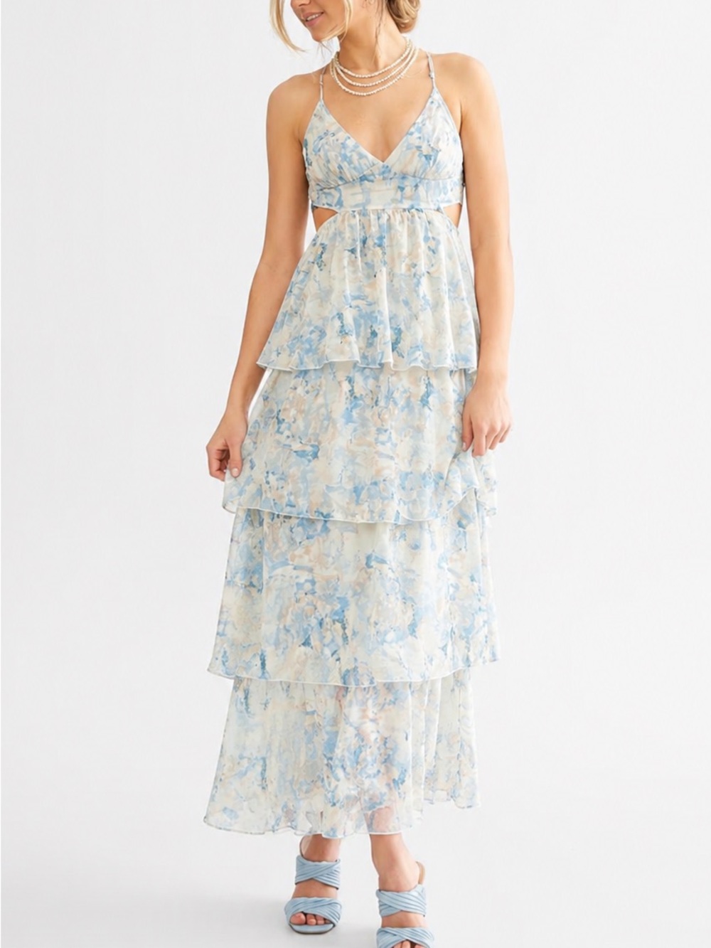 Romantic Blue and Cream Tiered Maxi Dress